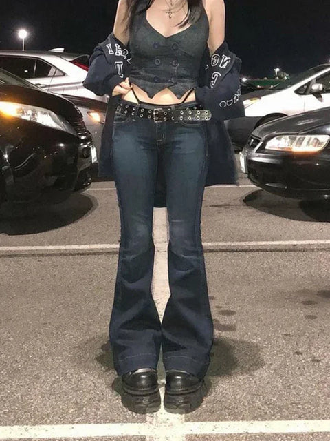 Kalevest Y2K High Street Low Rise Jeans Blue Women Pants Bootcut  Pockets Jeans Streetwear Low Waist Jeans Wide Leg Pants