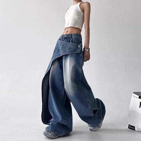Y2K Fashion Irregular Patchwork Jeans Women Korean Chic Streetwear Hip Hop Straight Trousers Bf High Waist Casual Denim