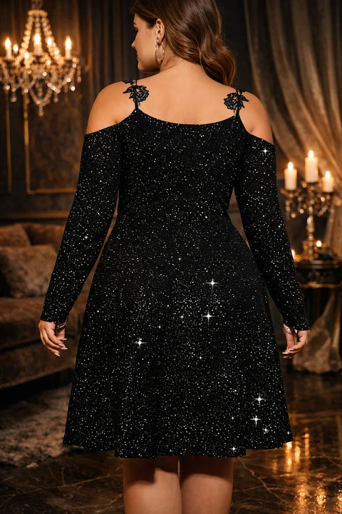 Women’s Black Off Shoulder Sequin Velvet Dress with Rose Lace Straps, Elegant Plus Size Cocktail Party Evening Dress