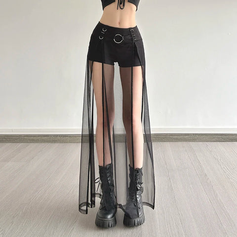 Dark Solid Shorts With Split Maxi Skirts Gothic See Through Ring Low-Waisted Shorts Women 2025 Summer Fashion Streetwear Lady