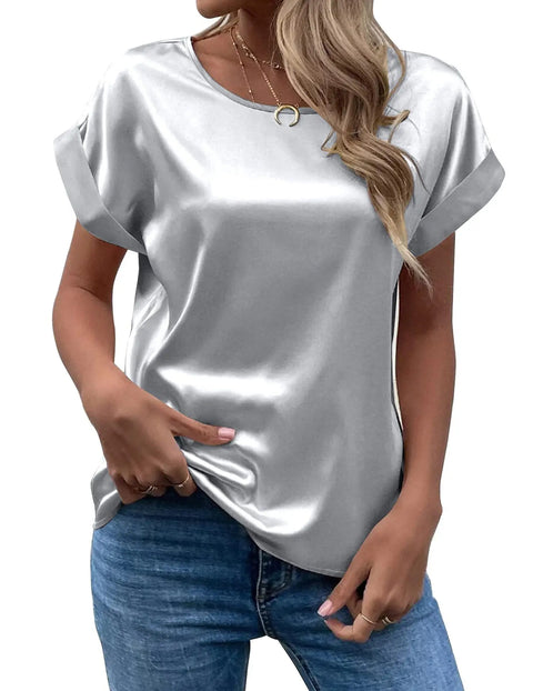 Elegant Women's Blouse Solid Tees 2023 Summer Lady Short Sleeve Satin Shirt Loose Casual Round Neck T-shirt Tops S-XXL