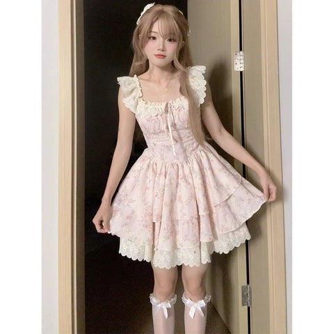 MEXZT Kawaii Floral Mini Dress Women Japanese Cutecore Lace Ruffles Dresses Summer Party Flying Sleeve Bodycon A Line Vestidos