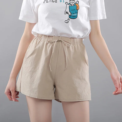 Women Shorts Summer 2025 Korean Wide Leg Casual Solid Drawstring Elastic Waist Shorts Girls Cotton Women's Mini Biker Shorts