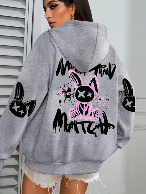 Mix And Match Cartoon Rabbit Prints Women Hoodie Pocket Streetwear Harajuku Loose Hoody All-Match Fleece Female Clothing