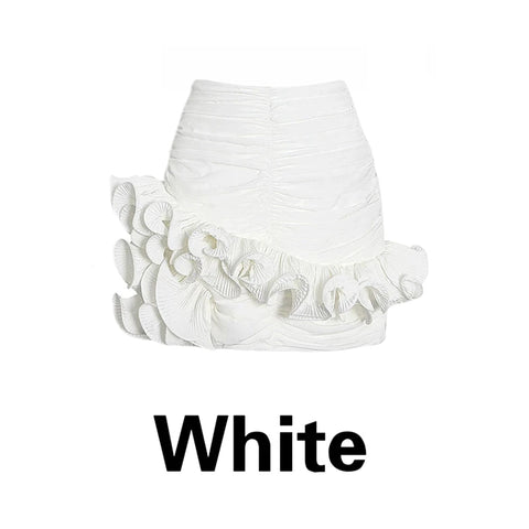 Summer Three-Dimensional Flower Skirt Sexy Asymmetrical Ruffled High Waist Pleated Hip Skirt Black Red White Women's Clothing