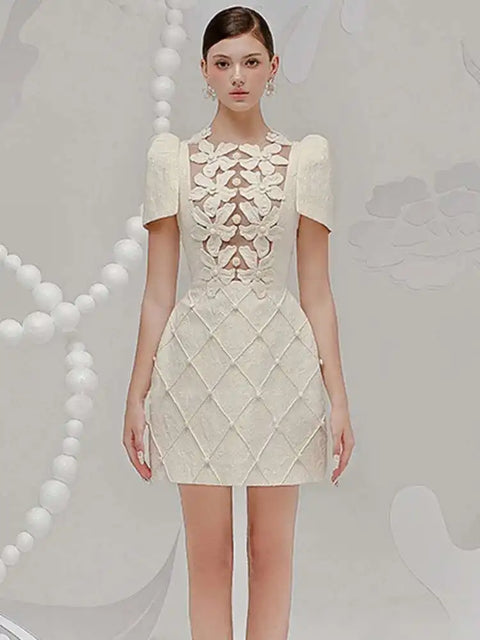 DEAT Elegant Dress O-neck 3D Flower Patchwork Embroidery Solid A-line Women's Evening Party Dresses 2026 Spring New Tide 35Z895