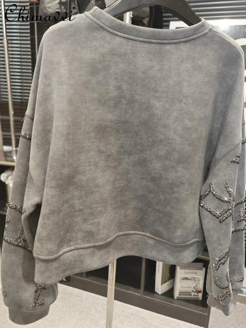 2024 Autumn New European Heavy Industry Hot Diamond Bear Short Sweatshirt Women Loose Slim Full Diamond Cartoon Women Top