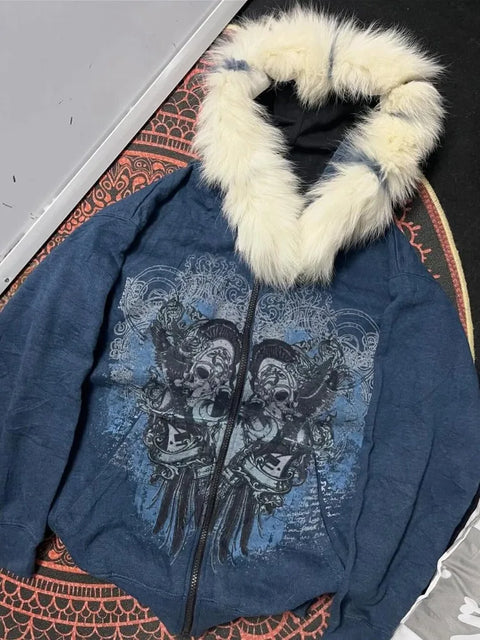 American Vintage Skull Sweatshirts Subcultural Y2k Aesthetic Women's Hoodies Autumn Winter Hooded Cardigan Coat Women Fur Print