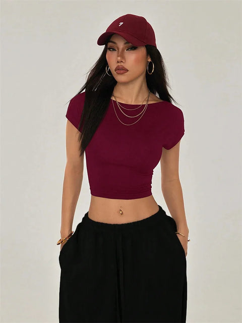 Sexy Backless Short Sleeve T Shirt Women Summer Grunge Y2K Clothes High Street Style Plain Black Crop Tee Top Streetwear 2024