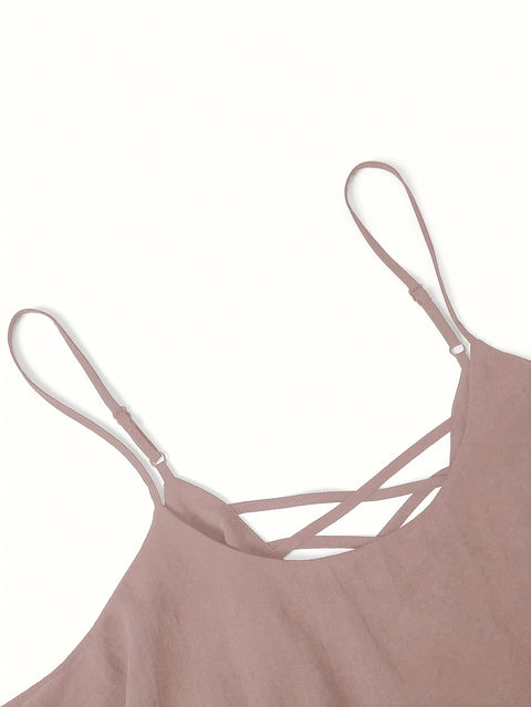 plus Size Ladies Solid Color Chiffon Double Layer Meat Concealing Top with Fine Strap Cross Back Design for Daily Commuting And