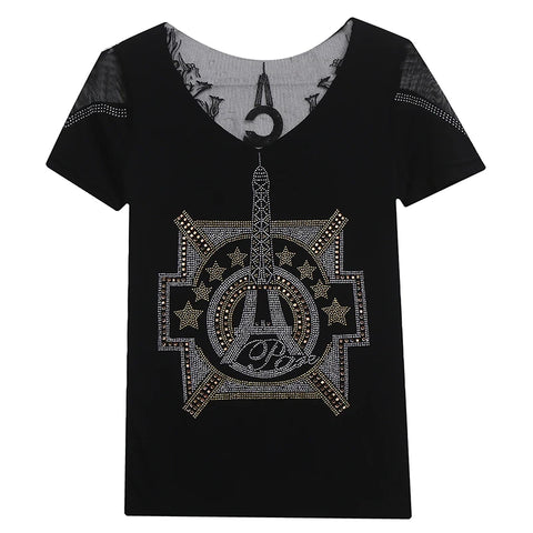 2024 New T-shirt Casual Short Sleeve Fashion Luxury Eiffel Tower Diamonds Women Tops High-End Sexy Back Mesh Tees High Quality